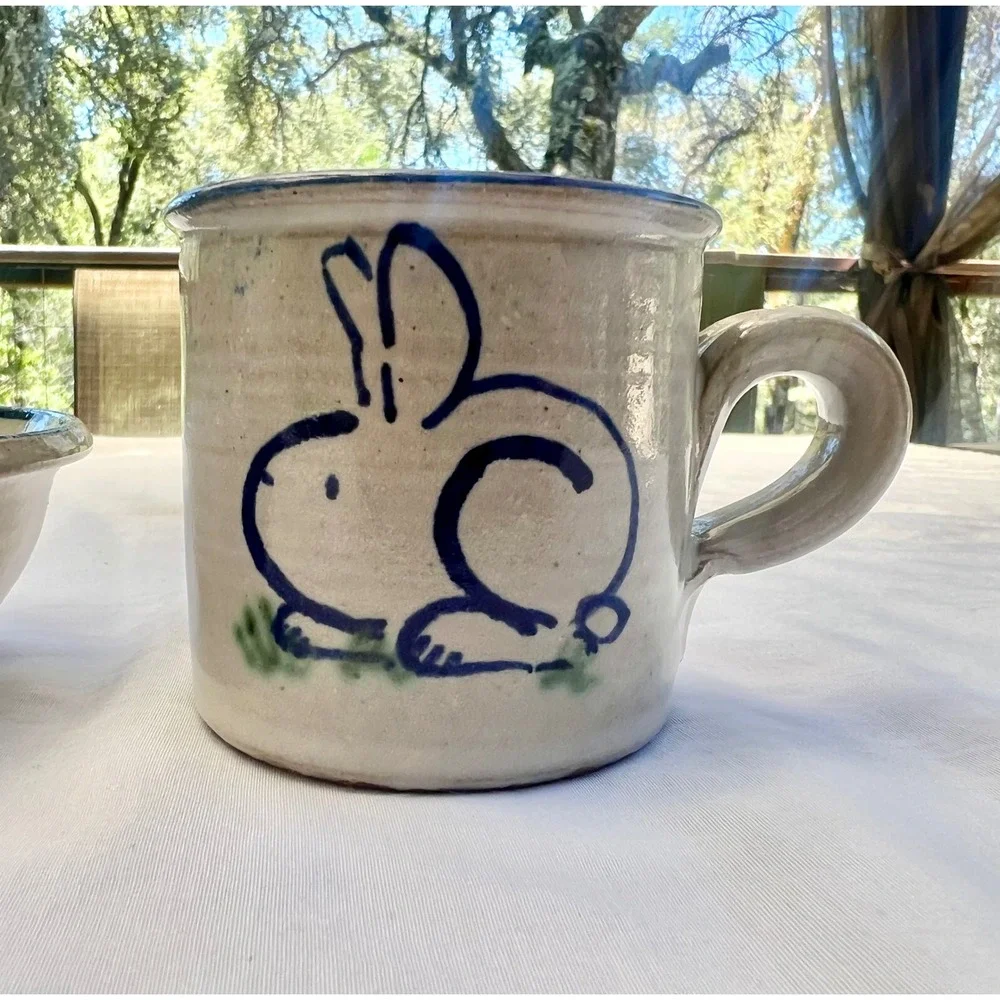 Studio Pottery Blue Bunny Rabbit Kids Bowl and Mug Set Hand Painted Stoneware